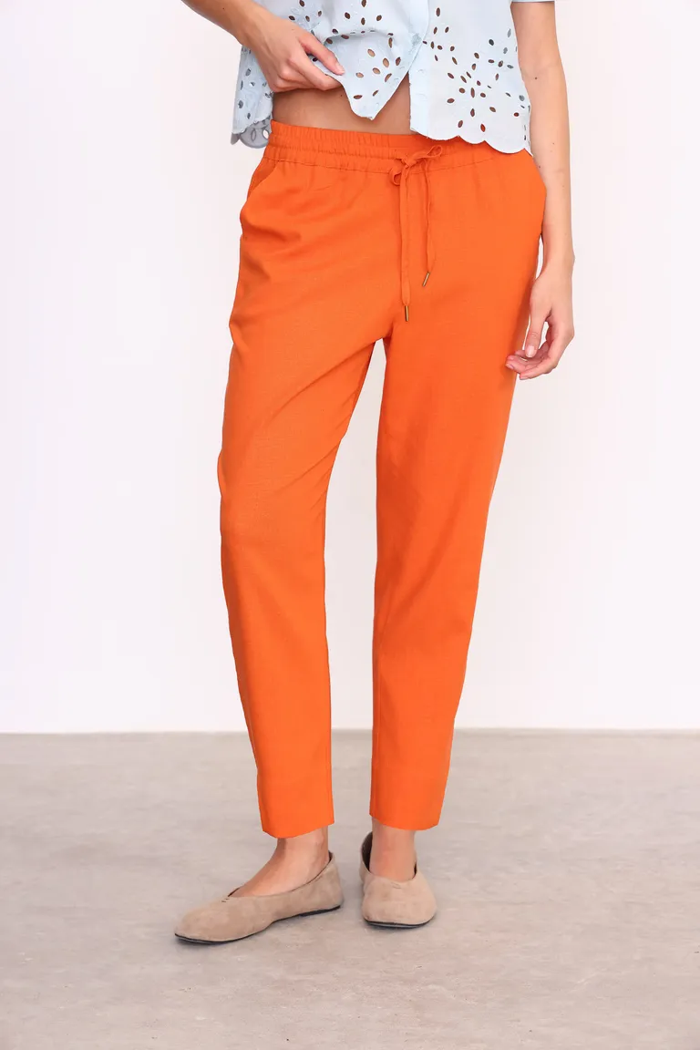 Pantalón de lino con cintura elástica, corte recto y tiro alto para mujer de Yagmour en Pantalones para argentina