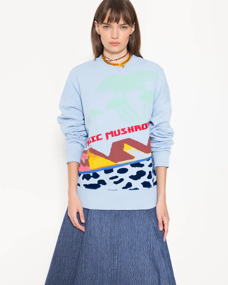 Buzo de diseño estampado y bordado con cuello y puños tejidos de Jazmin Chebar en Buzos y Sweaters para argentina