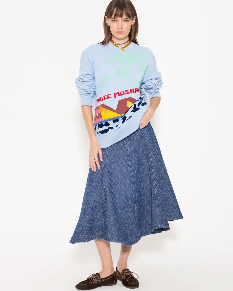 Buzo de diseño estampado y bordado con cuello y puños tejidos de Jazmin Chebar en Buzos y Sweaters para argentina