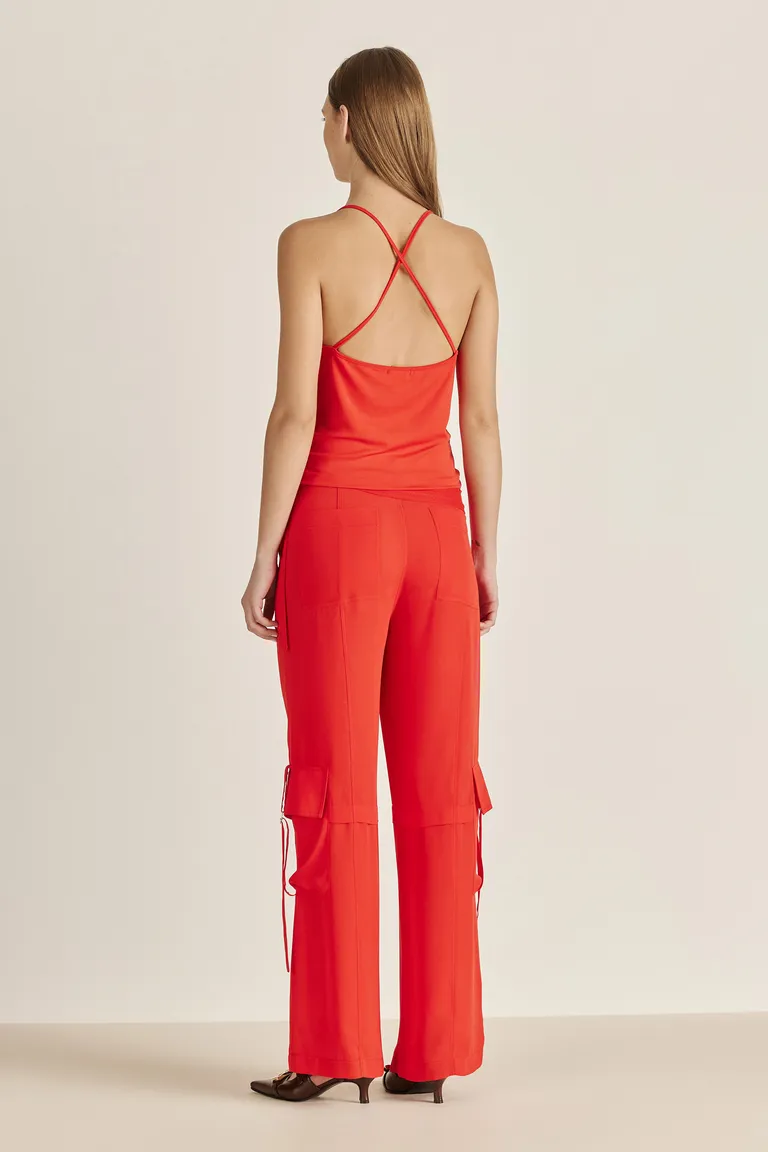 Top de punto rojo con escote translúcido y breteles regulables de Tucci en Tops para argentina