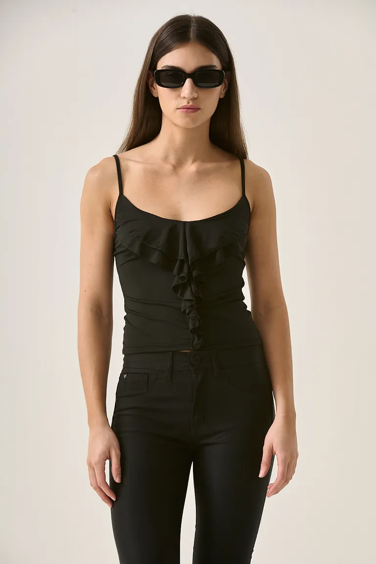 Top femenino de tirantes finos con volado central en negro de Sweet en Tops para argentina