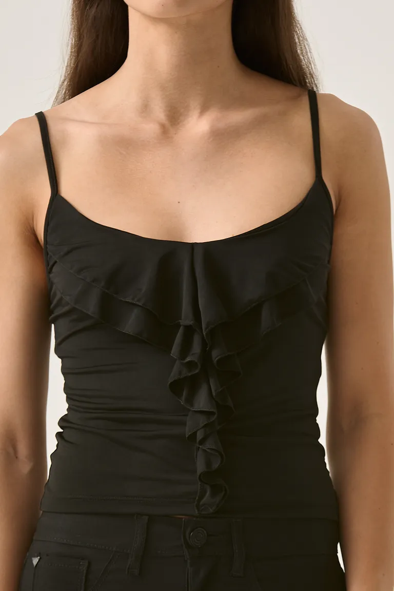 Top femenino de tirantes finos con volado central en negro de Sweet en Tops para argentina
