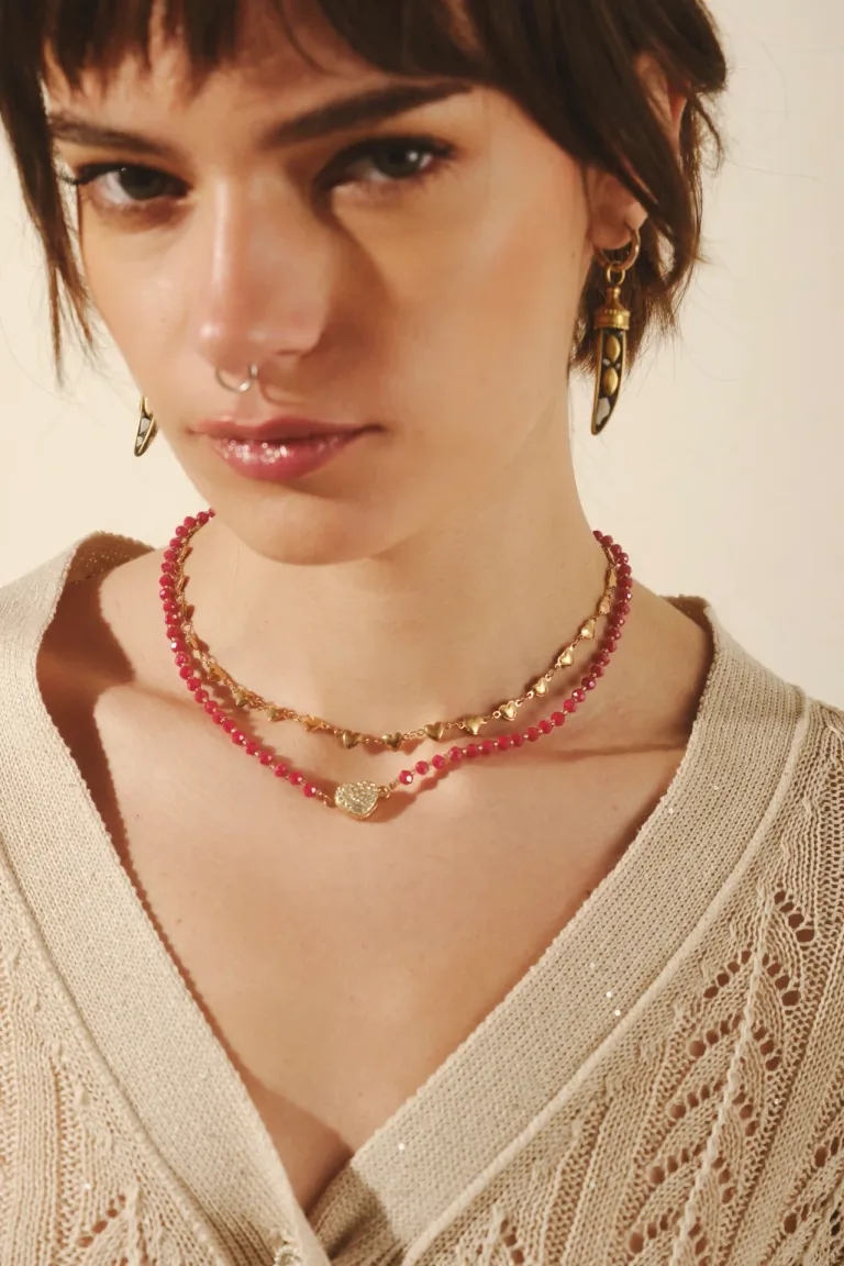 Collar doble de corazones metálicos y cadena con dije magnético de Rapsodia en Bijouterie para argentina