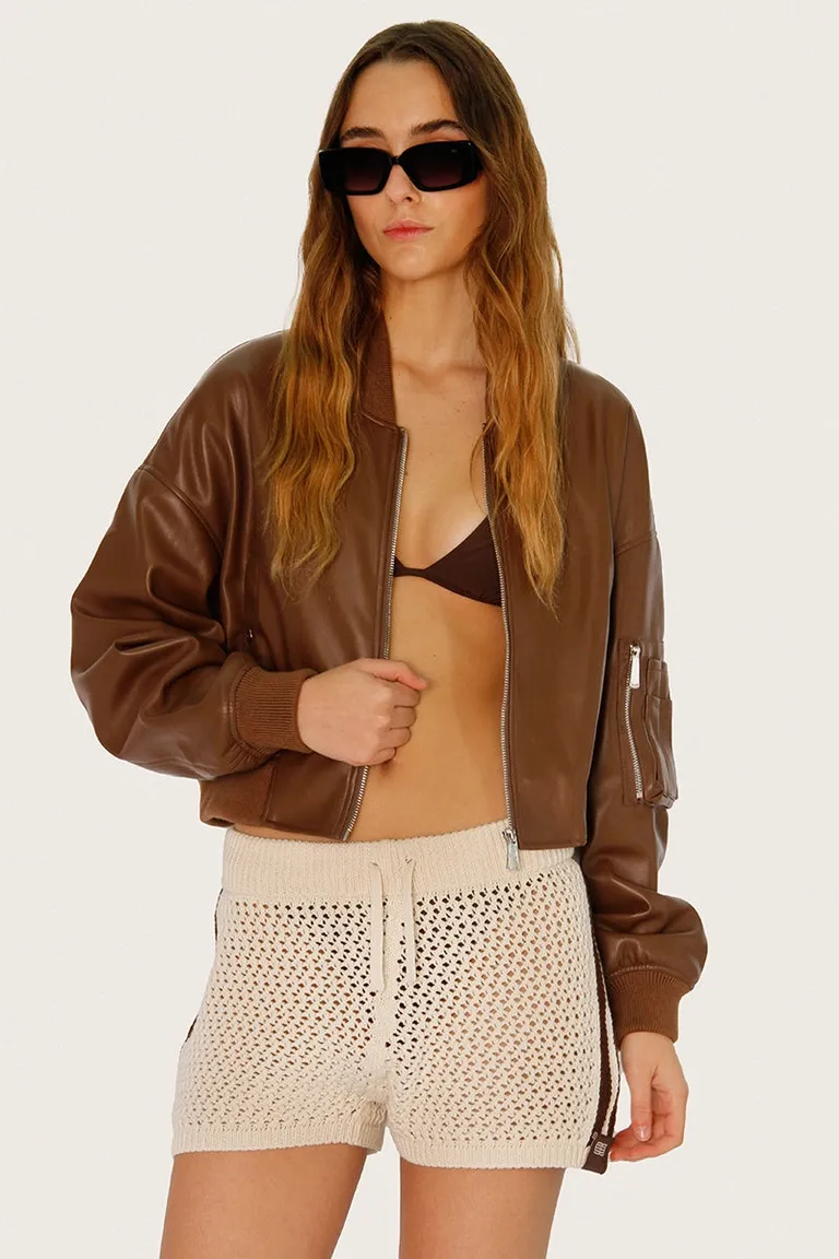 Chaqueta corta marrón en tejido desagujado con detalles distintivos de Sofia Sarkany en Chaquetas para argentina