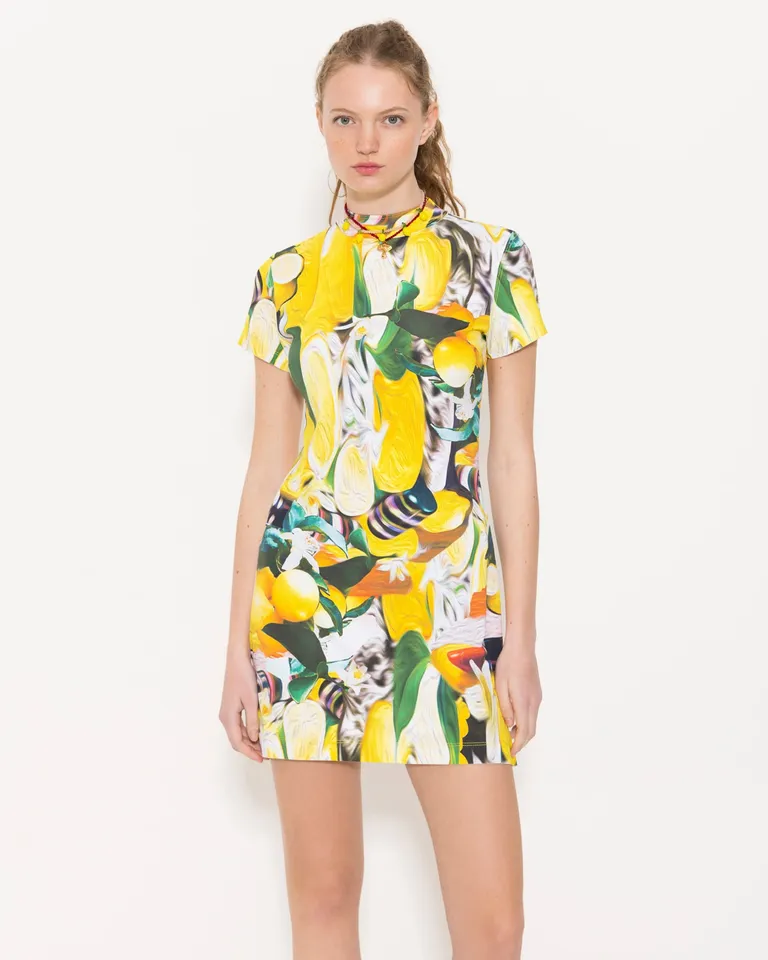 Vestido corto con estampado tropical en tonos amarillos y verdes de Jazmin Chebar en Vestidos para argentina