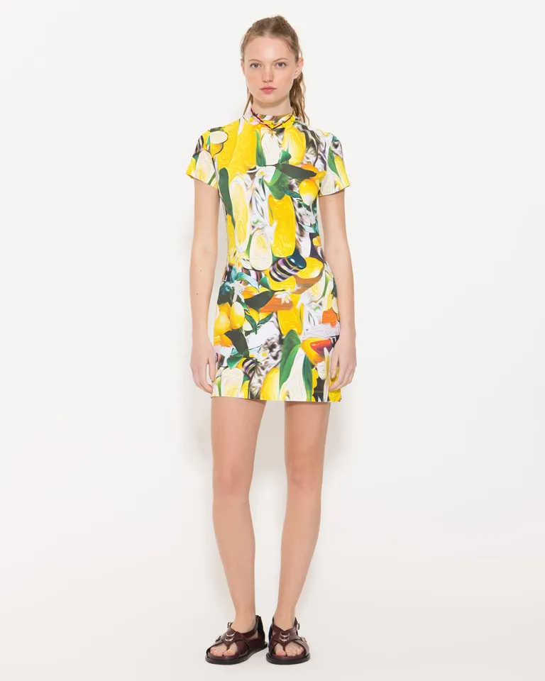 Vestido corto con estampado tropical en tonos amarillos y verdes de Jazmin Chebar en Vestidos para argentina