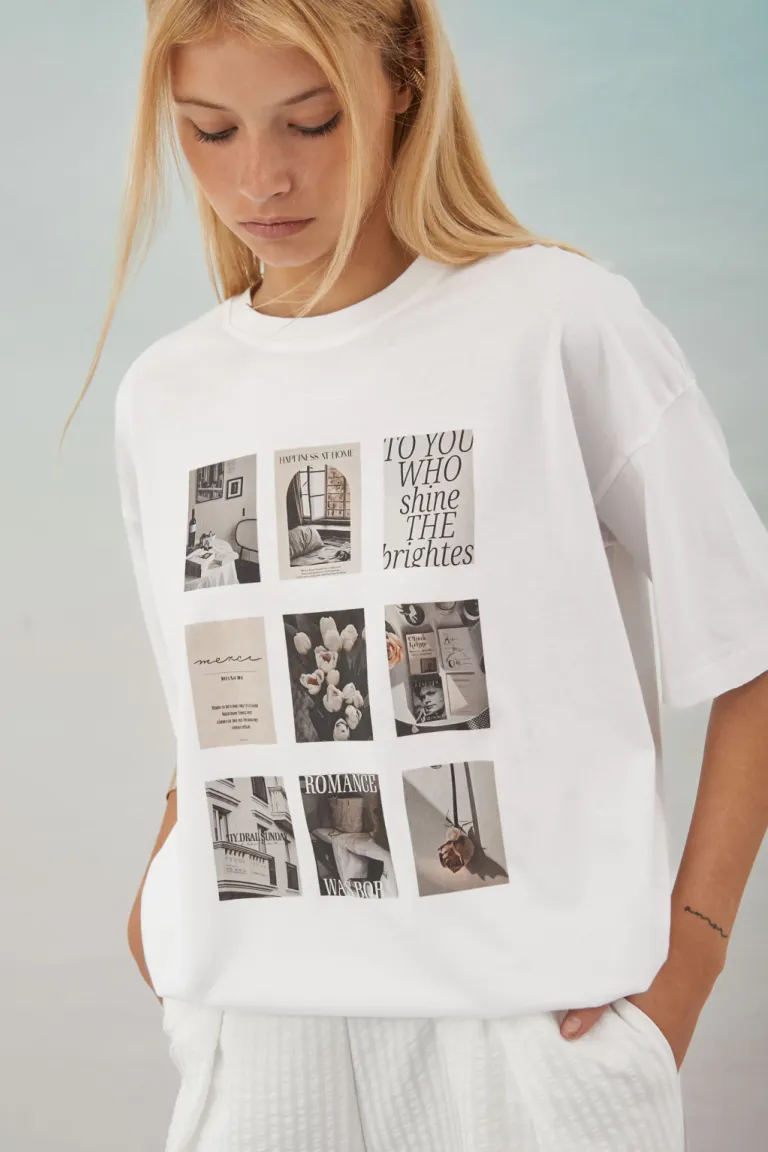 Remera blanca con detalles en blanco y negro, una prenda versátil y elegante para el día a día de Apricot en Remeras para argentina