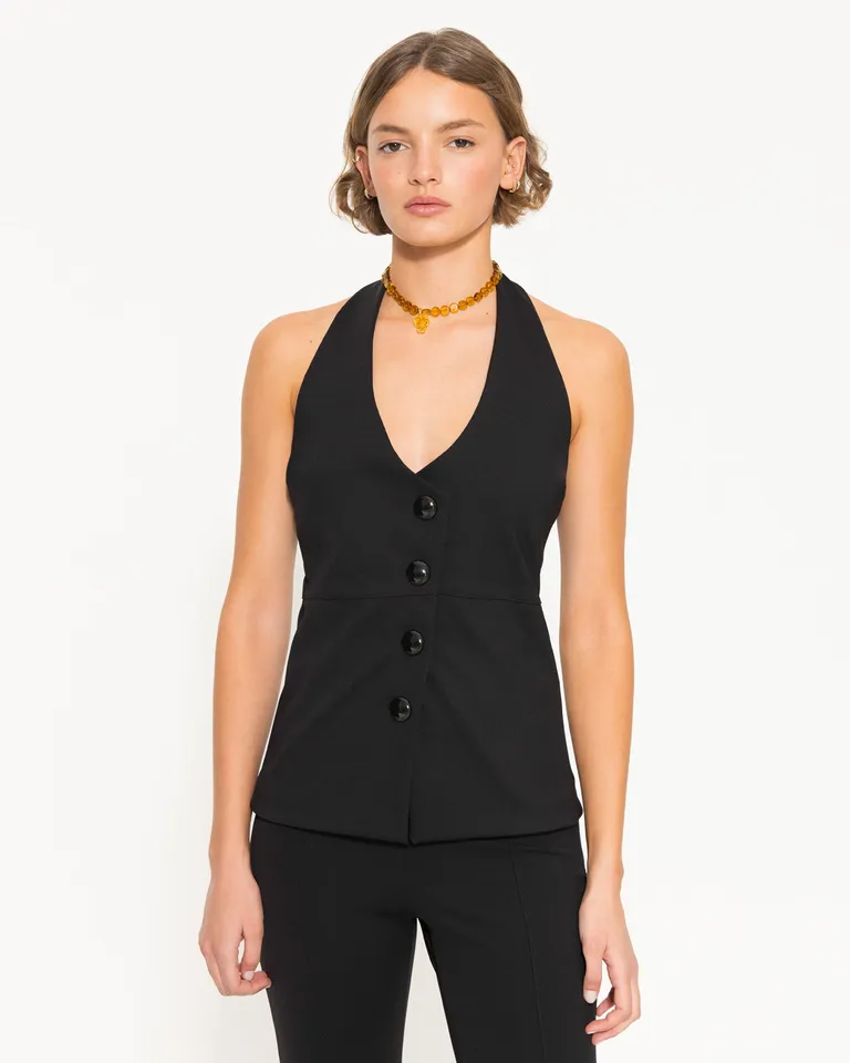 Top de diseño cruzado con cuello halter, sofisticado y de estilo actual de Jazmin Chebar en Tops para argentina