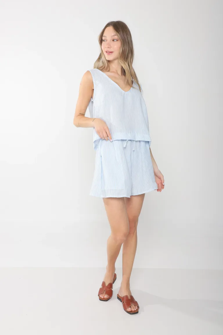 Corto de lino rayado con bolsillos y cintura elástica de Belle en Shorts para argentina