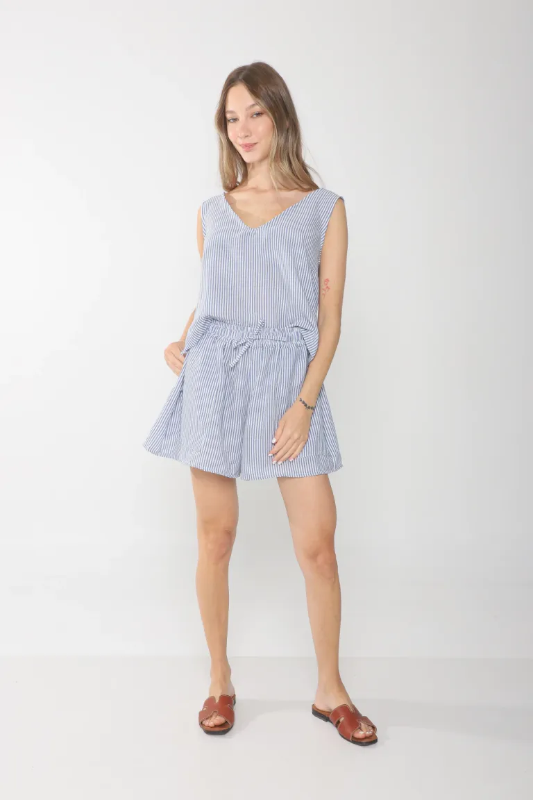 Corto de lino rayado con bolsillos y cintura elástica de Belle en Shorts para argentina