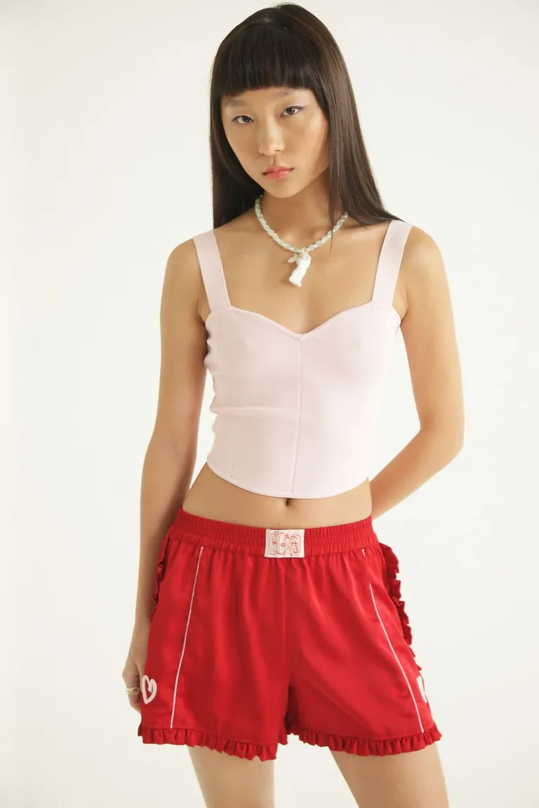 Shorts de tela satinada con detalles en volados y vivos a contraste de Las Pepas en Shorts para argentina
