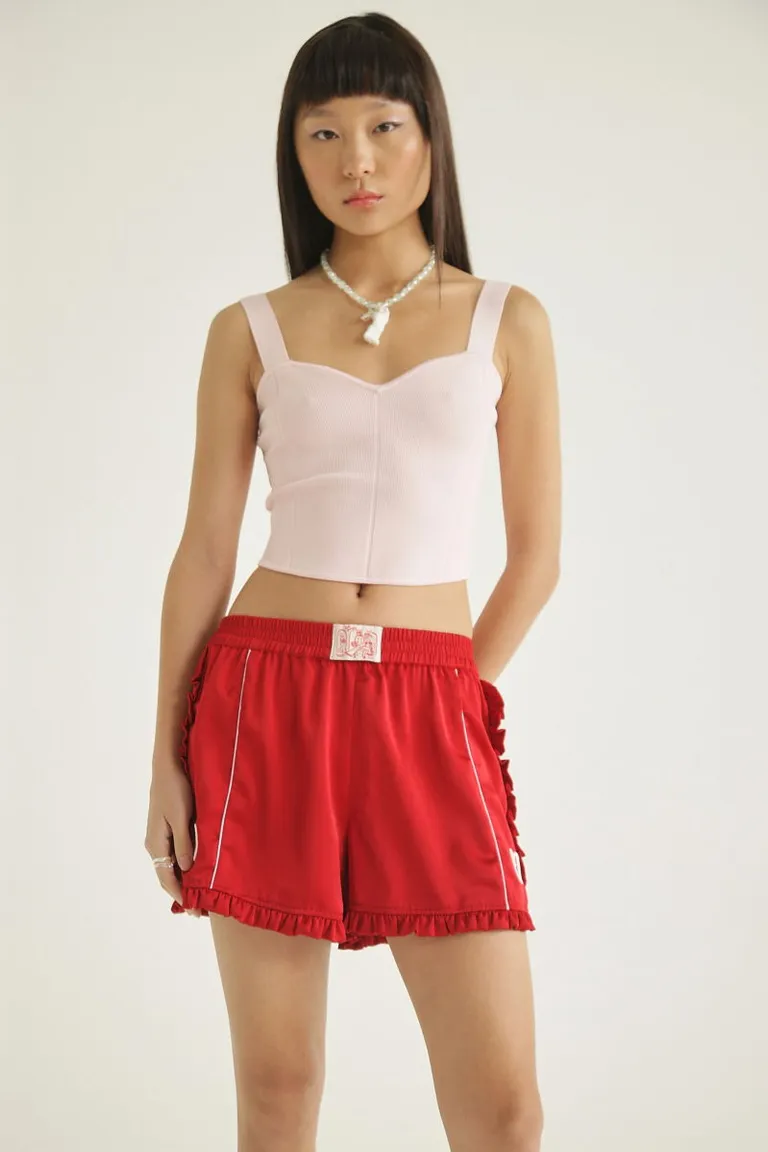 Shorts de tela satinada con detalles en volados y vivos a contraste de Las Pepas en Shorts para argentina