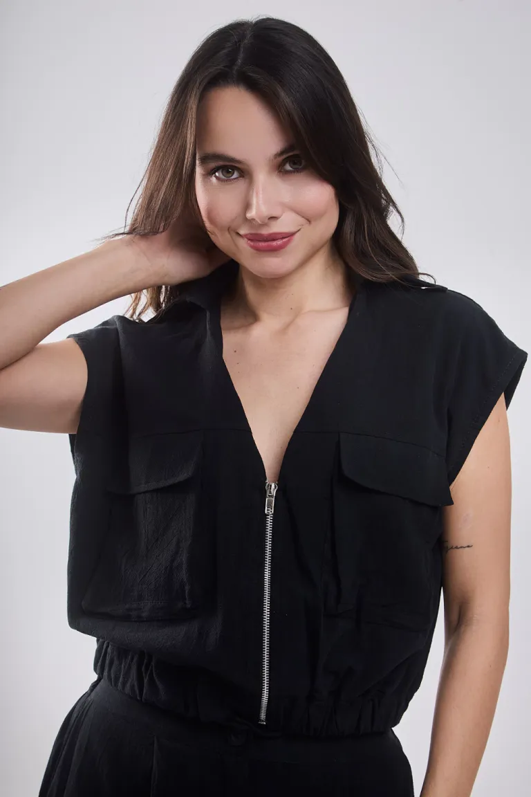 Chaleco cazador de lino negro para mujer, modelo tipo chomba con bolsillos de Belle en Chalecos para argentina