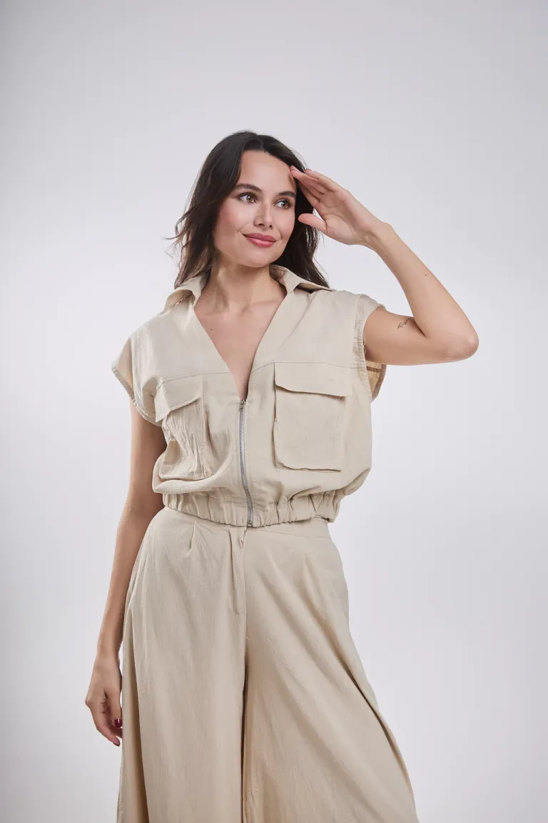 Chaleco cazador de lino negro para mujer, modelo tipo chomba con bolsillos de Belle en Chalecos para argentina