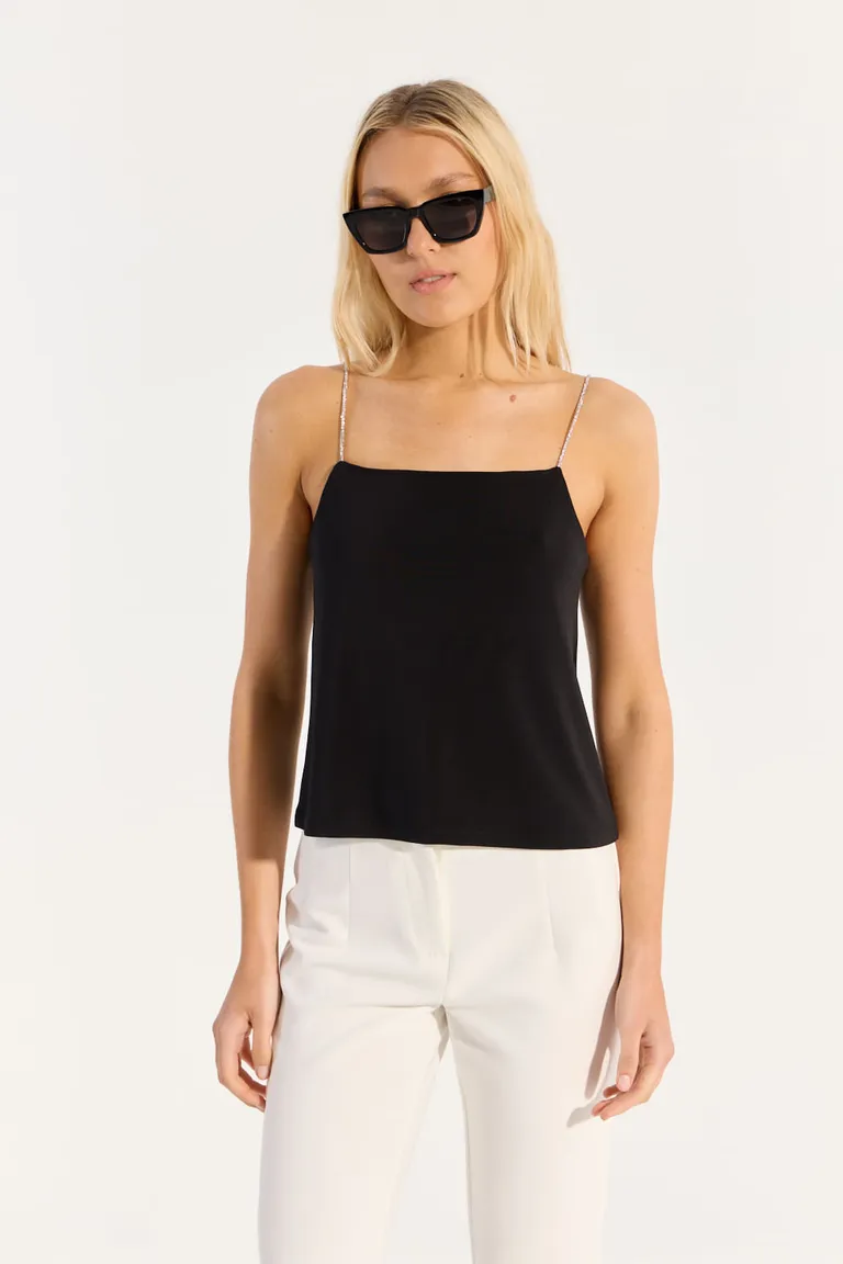 Top negro con detalles de strass, diseño ajustado y elegante para mujer de Portsaid en Tops para argentina