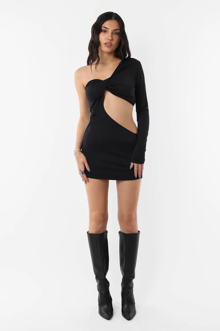 Vestido negro asimétrico de una manga larga al cuerpo con nudo en el corpiño de Top White en Vestidos para argentina