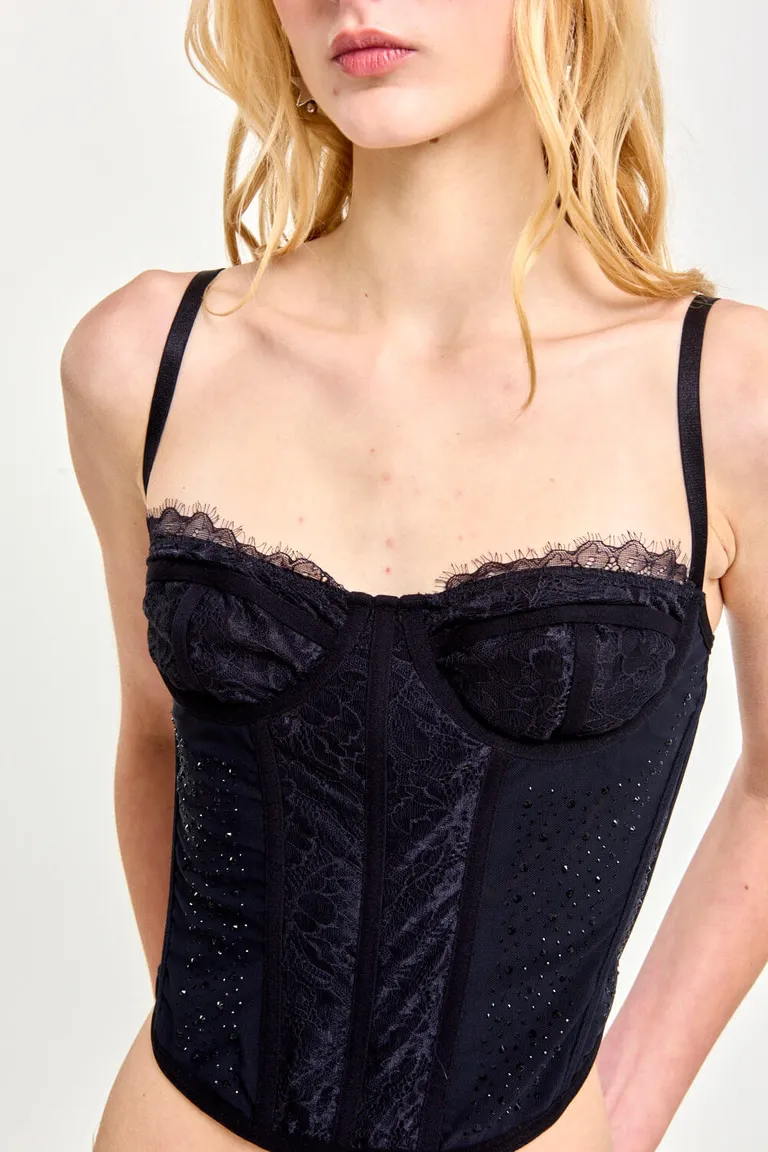 Corset negro de encaje y microtul con detalles personalizados de 47 Street en Ropa Interior y Medias para argentina