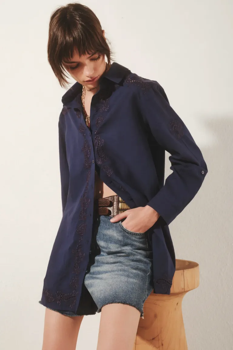 Camisa blusón de algodón con bordados y mangas regulables para mujer de Rapsodia en Camisas para argentina