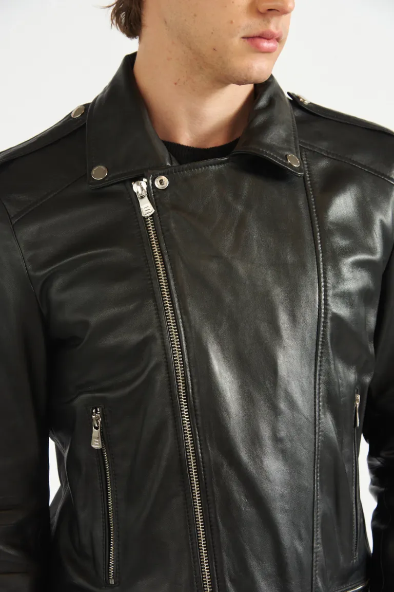 Campera de cuero de oveja negra con cierre y bolsillos laterales para hombre de Bensimon en Abrigos y Camperas para argentina