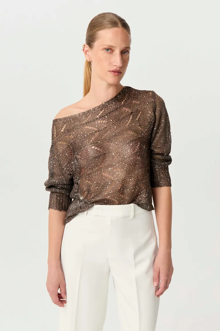 Sweater de calado metálico con escote amplio y mangas largas de Markova en Buzos y Sweaters para argentina