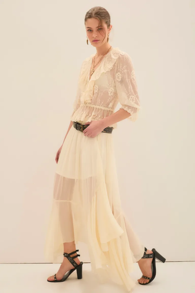 Falda larga y voluminosa en viscosa chiffon con diseño irregular y volados de Rapsodia en Faldas para argentina