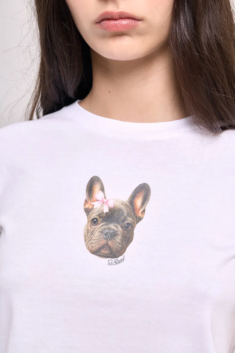 Remera de cuello redondo con estampa frontal de bulldog francés para mujer de 47 Street en Remeras para argentina