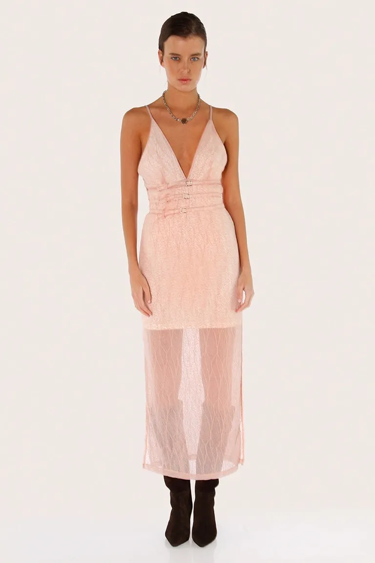 Elegante vestido rosa de encaje translúcido con cinturones decorativos de Sofia Sarkany en Vestidos para argentina