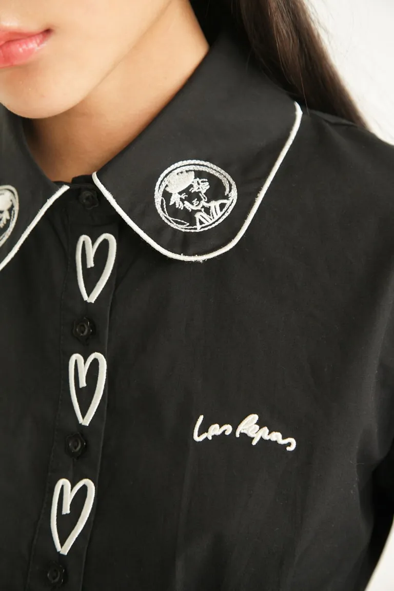 Camisa negra con bordados y detalles artesanales en cuello y puños de Las Pepas en Camisas para argentina