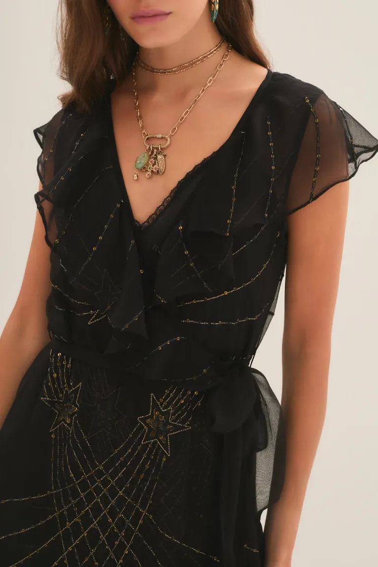 Vestido largo negro con escote en V y volados en la parte superior de Rapsodia en Vestidos para argentina