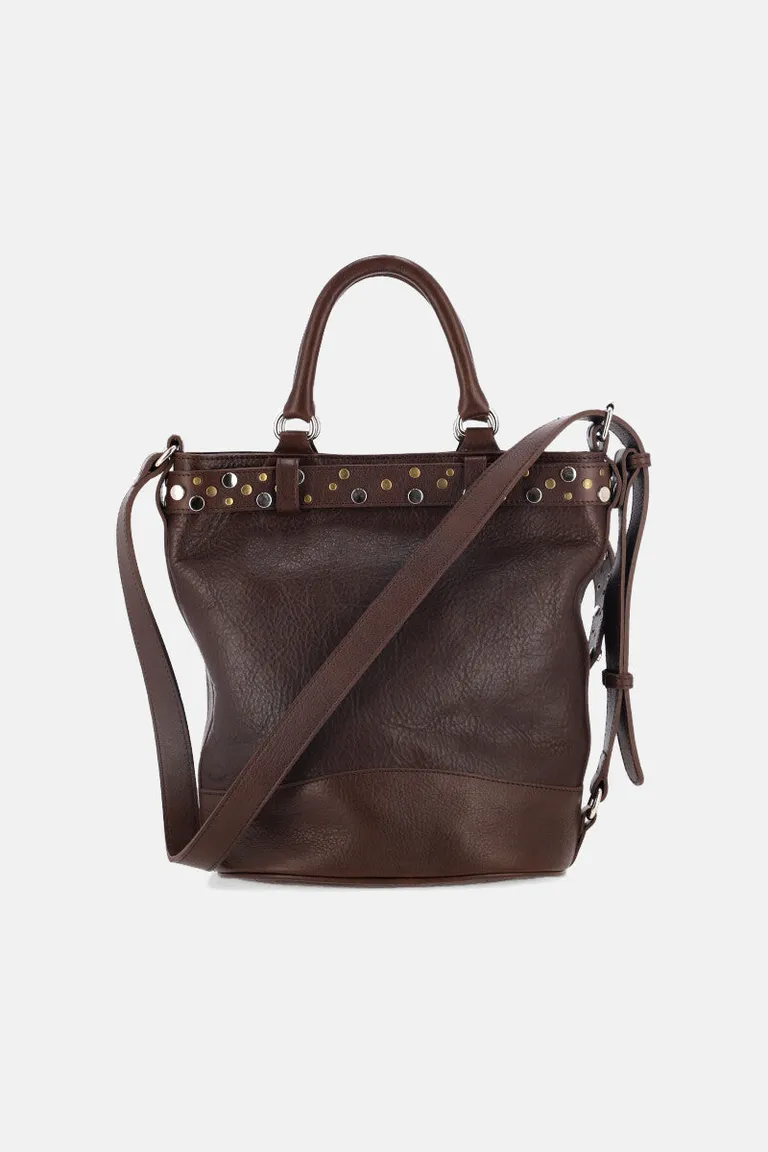 Bolso bandolera de cuero marrón con herrajes metálicos y detalles brillantes de Justaosadia en Bolsos y Carteras para argentina