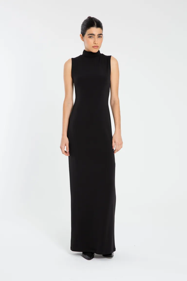 Vestido gráfico negro de corte musculosa y cuello alto de Naíma en Vestidos para argentina