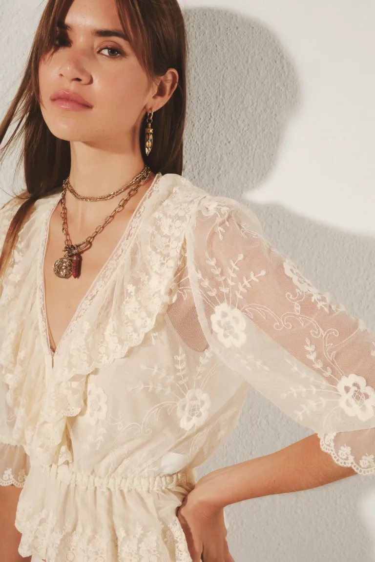 Camisa de encaje bordado con volantes y cintura ajustable de Rapsodia en Camisas para argentina