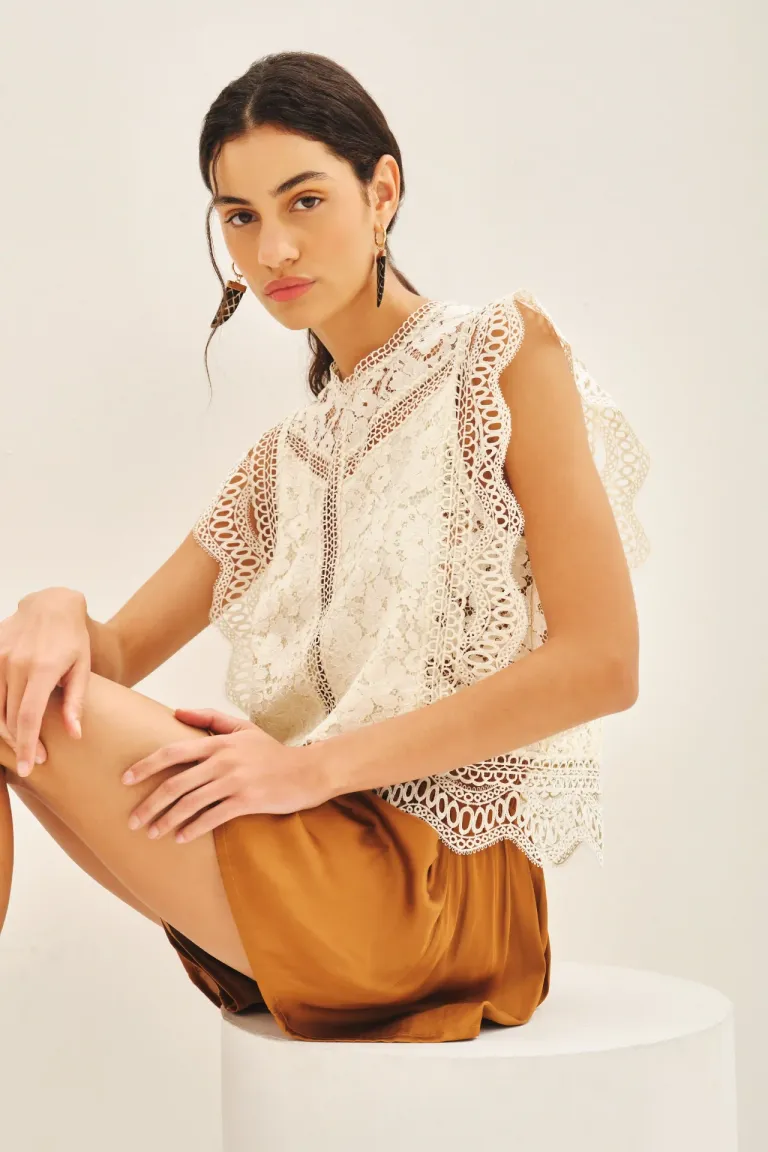Camisa Blanca de Encaje sin Mangas con Detalles de Puntilla de Rapsodia en Camisas para argentina