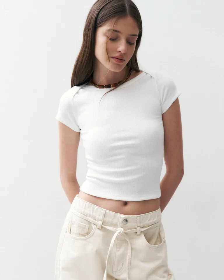 Top femenino de algodón con detalle superpuesto en hombros de Sky en Tops para argentina