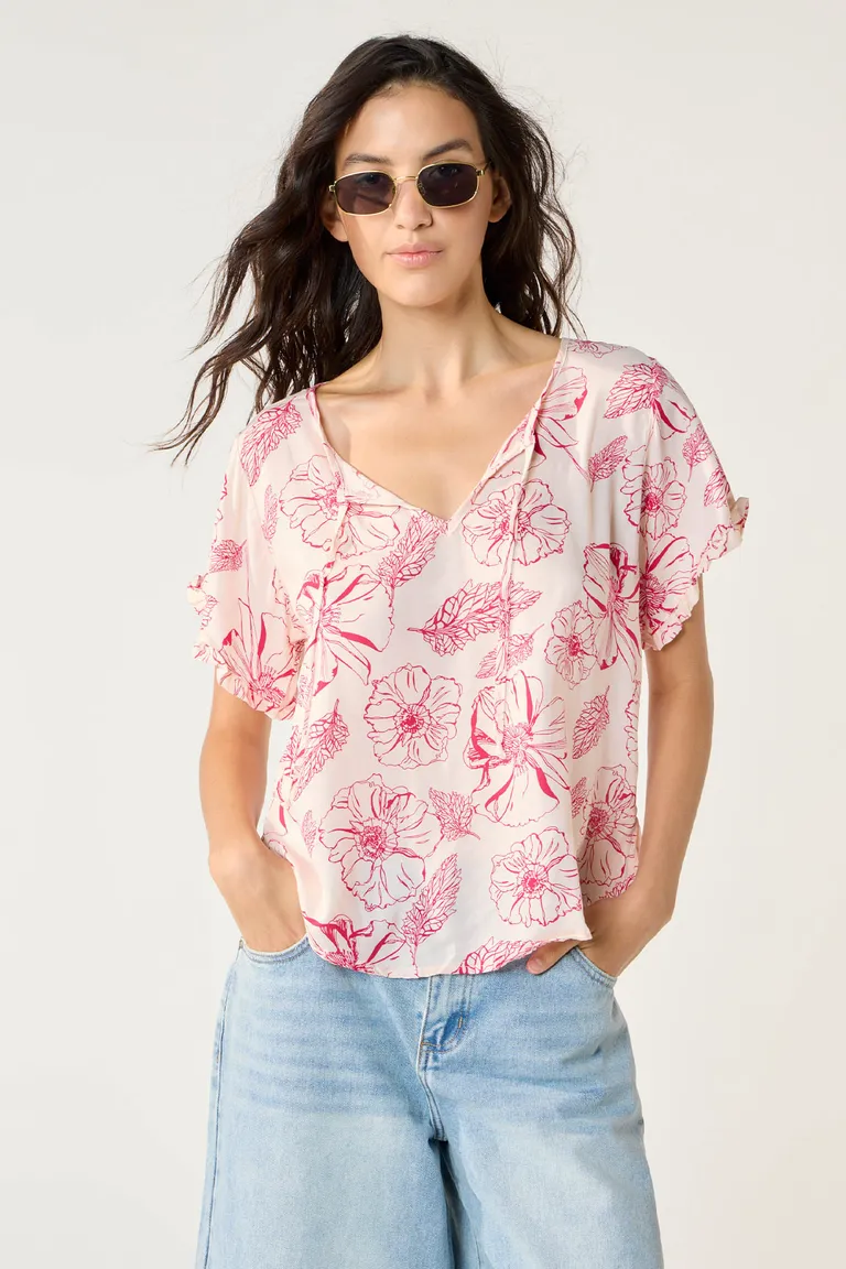 Blusa de vuelo con estampado floral en rosa para mujeres de Cuesta Blanca en Blusas para argentina