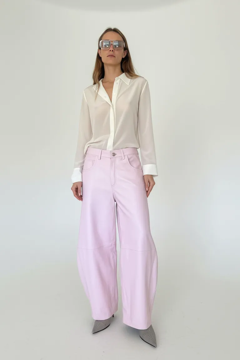 Pantalón de cuero de oveja en tono rosa con estilo 'jeanero' y forro interior de tafeta de Maria Cher en Pantalones para argentina