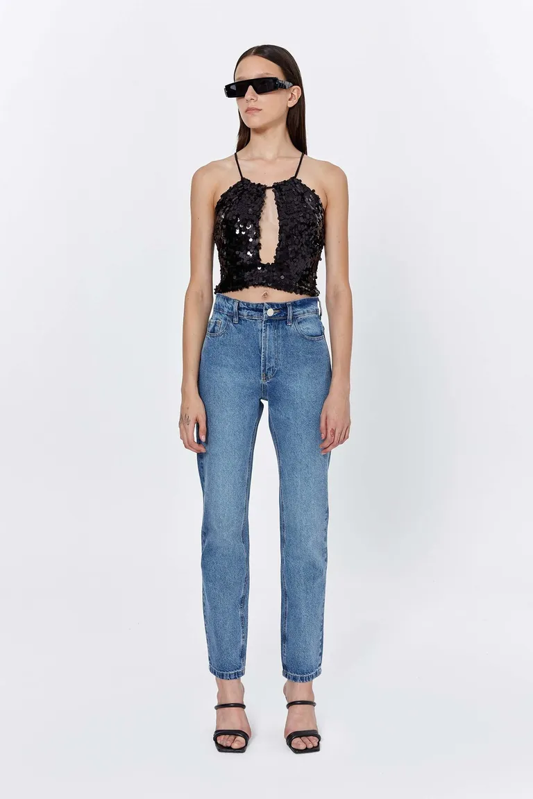 Top de lentejuelas negras con escote y buche en la espalda de Naíma en Tops para argentina