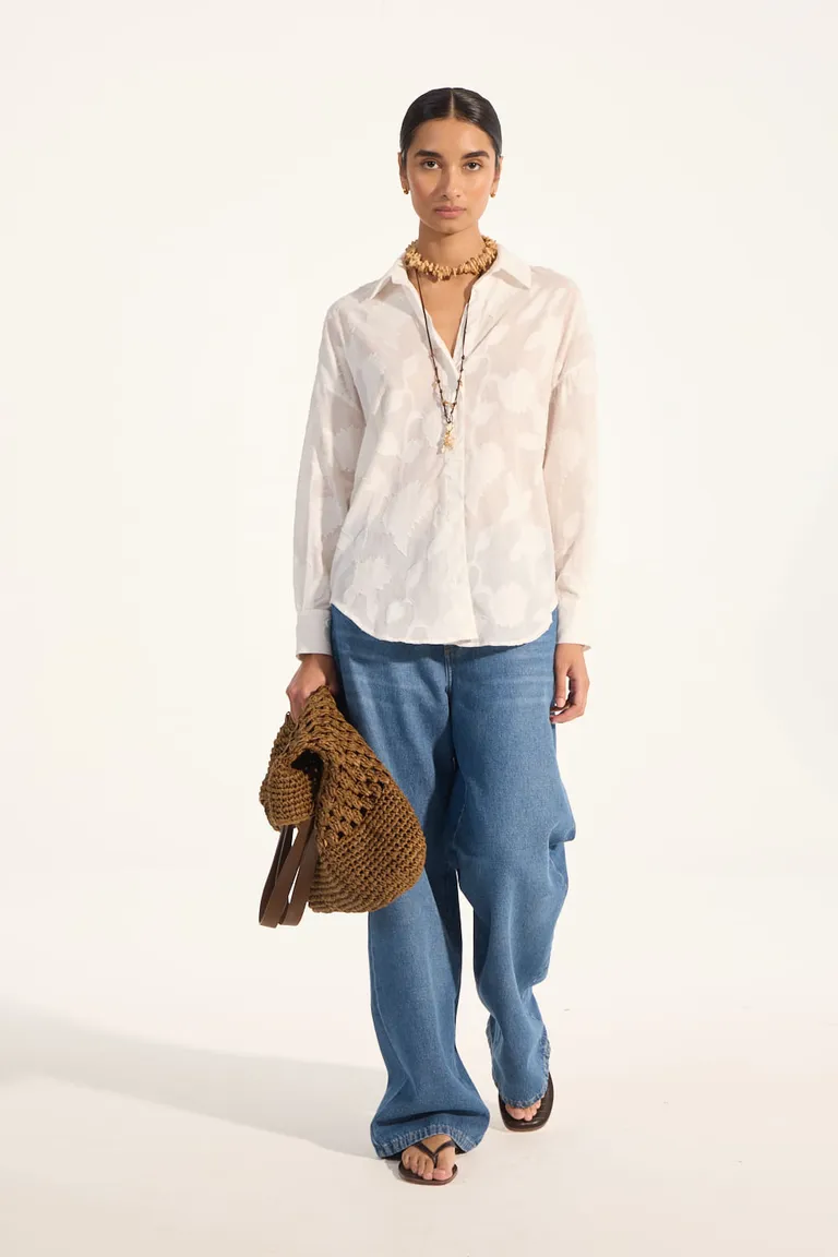 Camisa de algodón holgada con diseño de rayas y jacquard para mujeres de Portsaid en Camisas para argentina