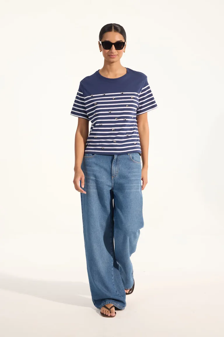 Remera estilo marinero de algodón y lino con aplicaciones de strass y mostacillas de Portsaid en Remeras para argentina