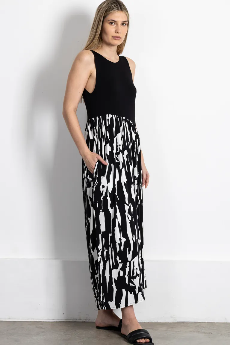 Vestido largo sin mangas con diseño combinado de punto y estampado en blanco y negro de Kill en Vestidos para argentina