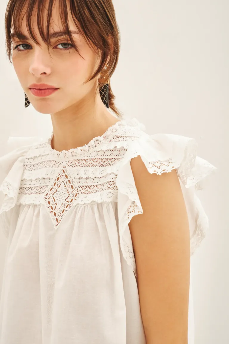 Camiseta blanca con encaje en cuello y mangas para mujer de Rapsodia en Camisas para argentina