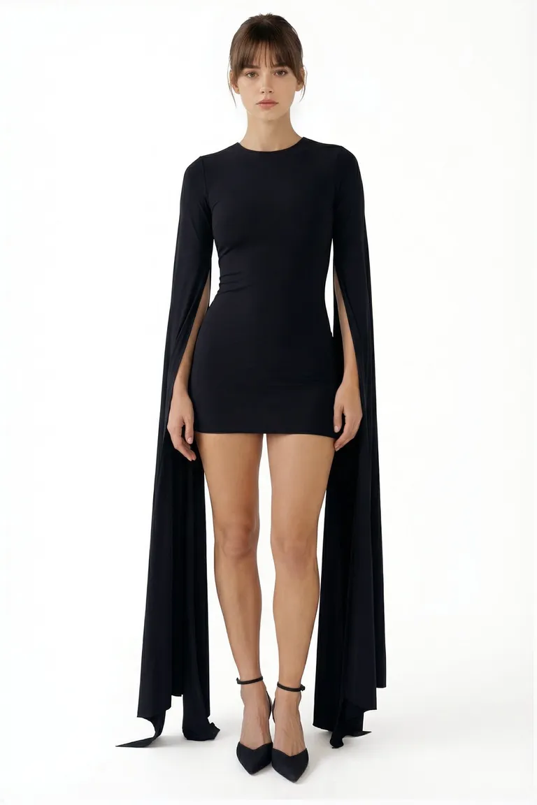 Vestido negro con mangas largas y abertura, ideal para eventos nocturnos de Black Mamba en Vestidos para argentina