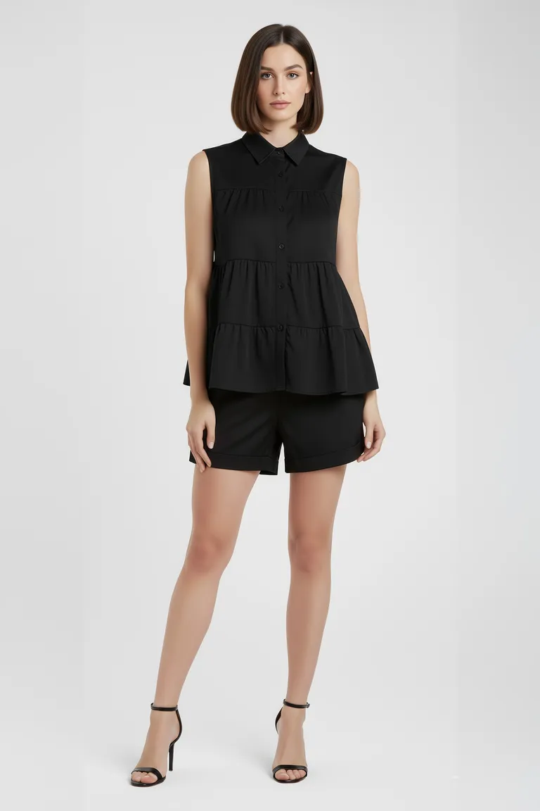 Camisa corte musculoso sin mangas en twill camisero negro de diseño modular de Naíma en Camisas para argentina