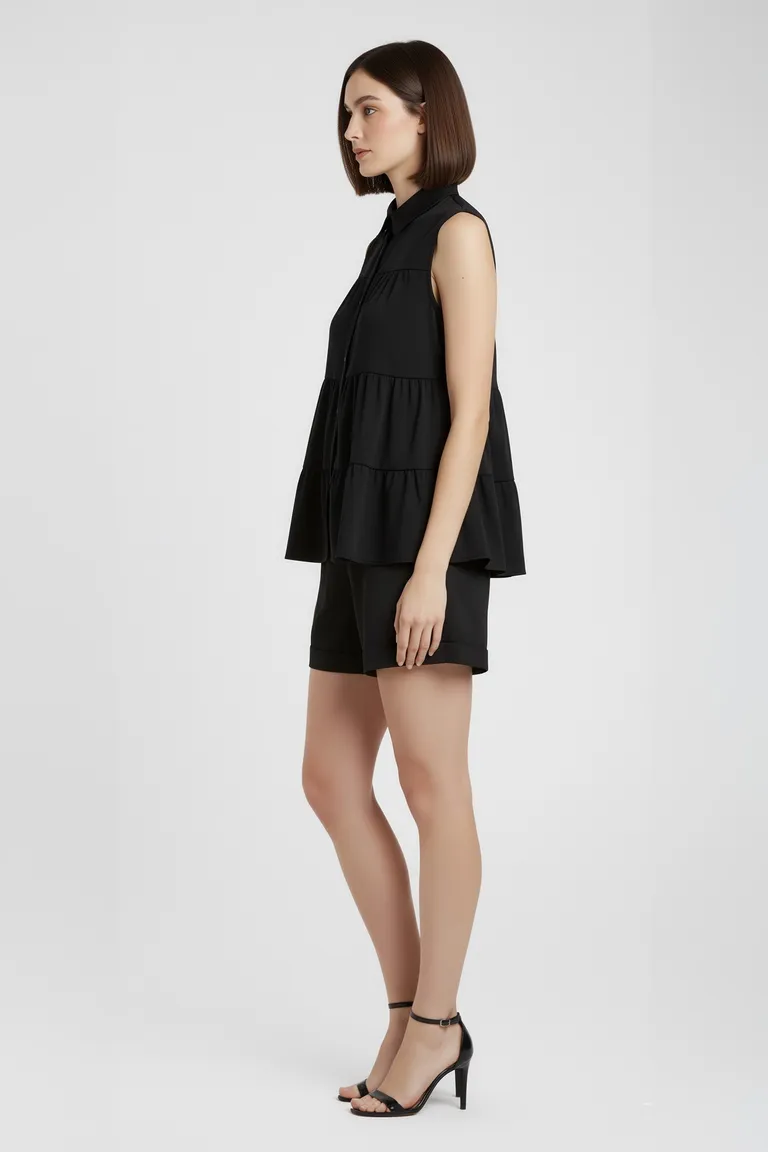 Camisa corte musculoso sin mangas en twill camisero negro de diseño modular de Naíma en Camisas para argentina