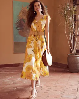 Vestido girasoles cuello v y fruncido de Motf en Vestidos para argentina