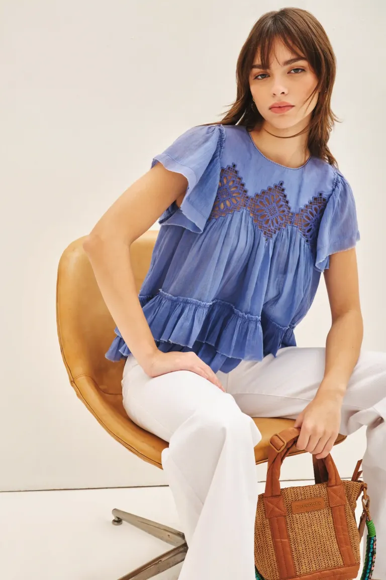 Camisa de algodón con bordado calado y terminación en volados de Rapsodia en Camisas para argentina