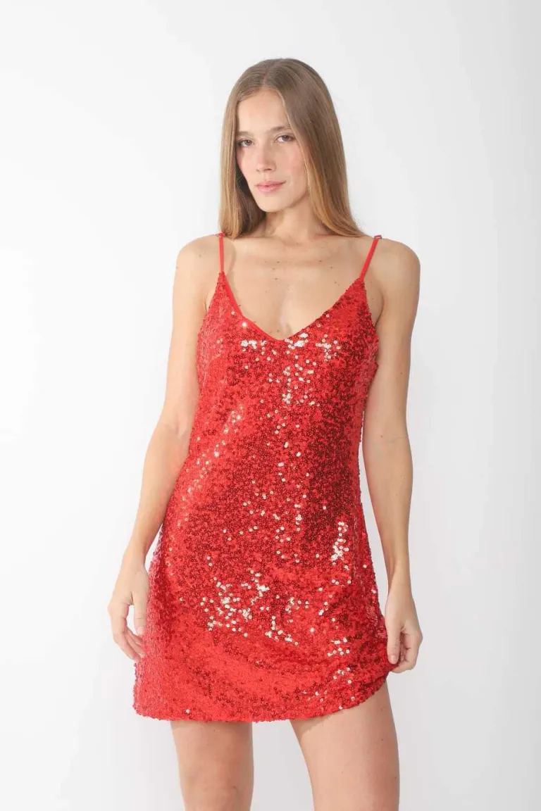 Vestido rojo de lentejuelas con espalda escotada y tirantes regulables de Belle en Vestidos para argentina