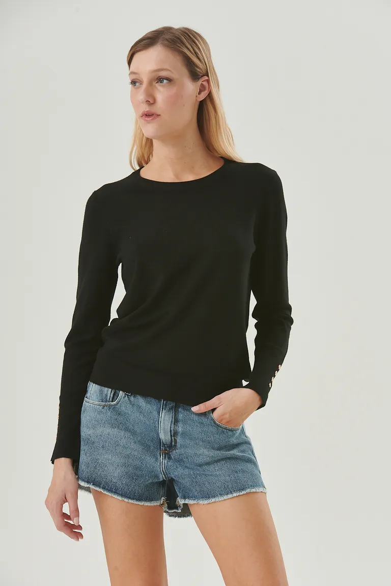 Sweater de punto negro con terminaciones acanaladas y detalles estructurados de Sweet en Buzos y Sweaters para argentina