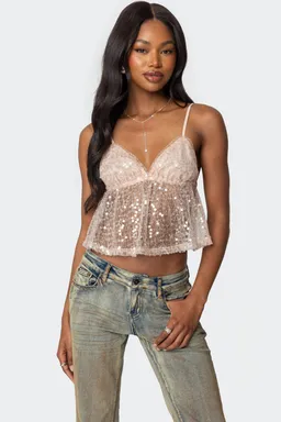 Musculosa babydoll transparente lentejuelas de Edikted en Tops para argentina