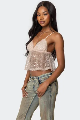Musculosa babydoll transparente lentejuelas de Edikted en Tops para argentina